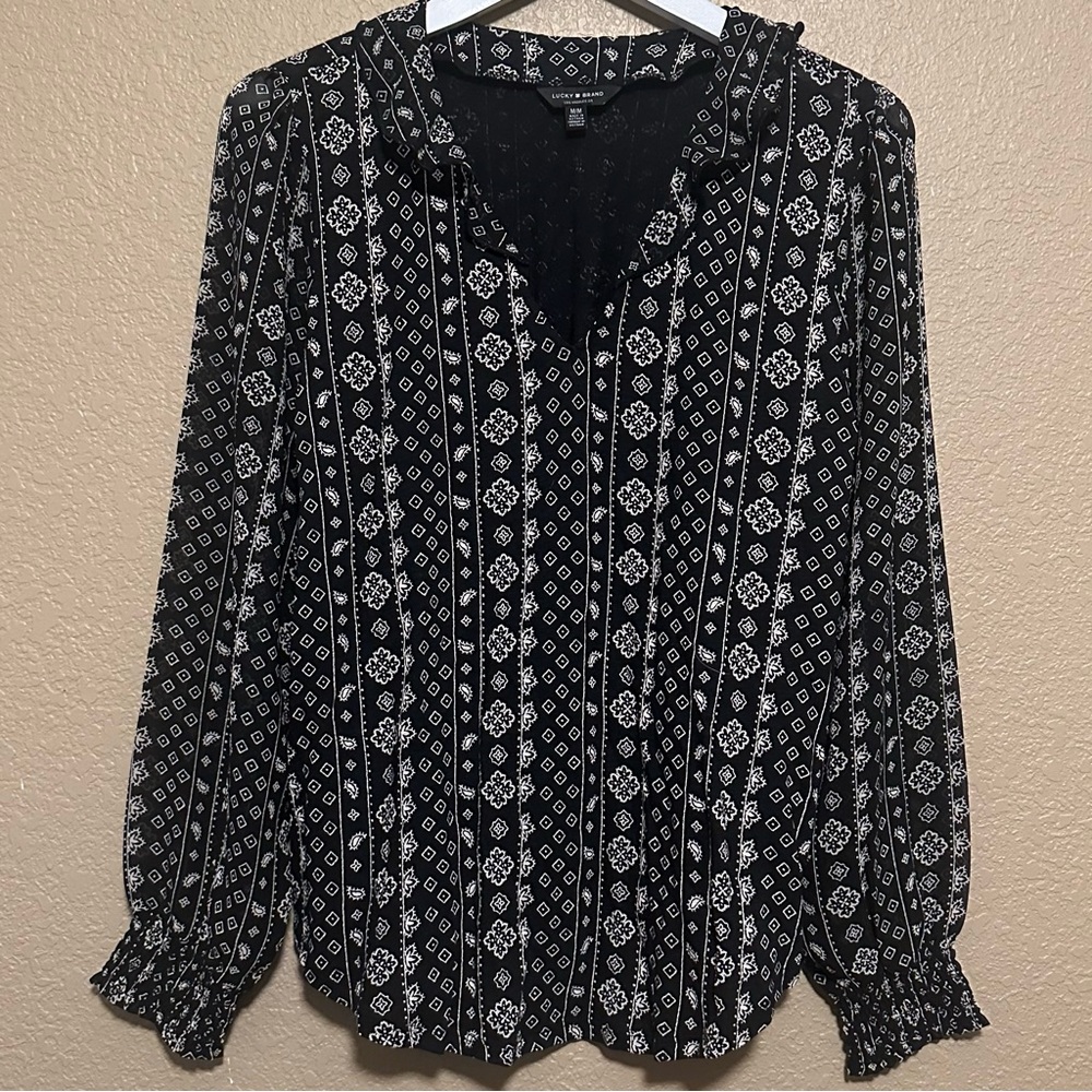Lucky Brand Women’s M Medium Black White Print Top Ruffle Shirt